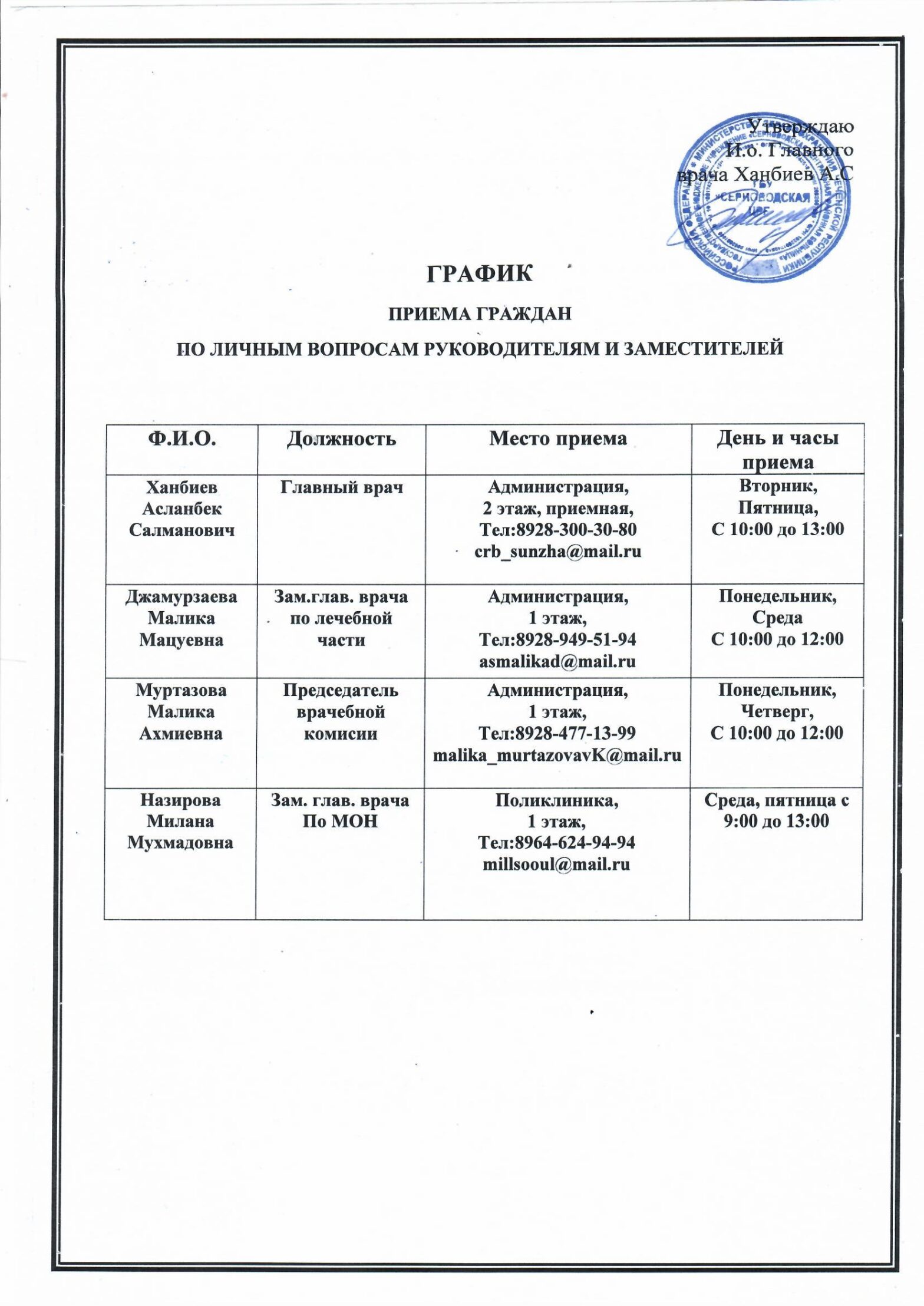 График приёма граждан в ГБУ «Серноводская ЦРБ»